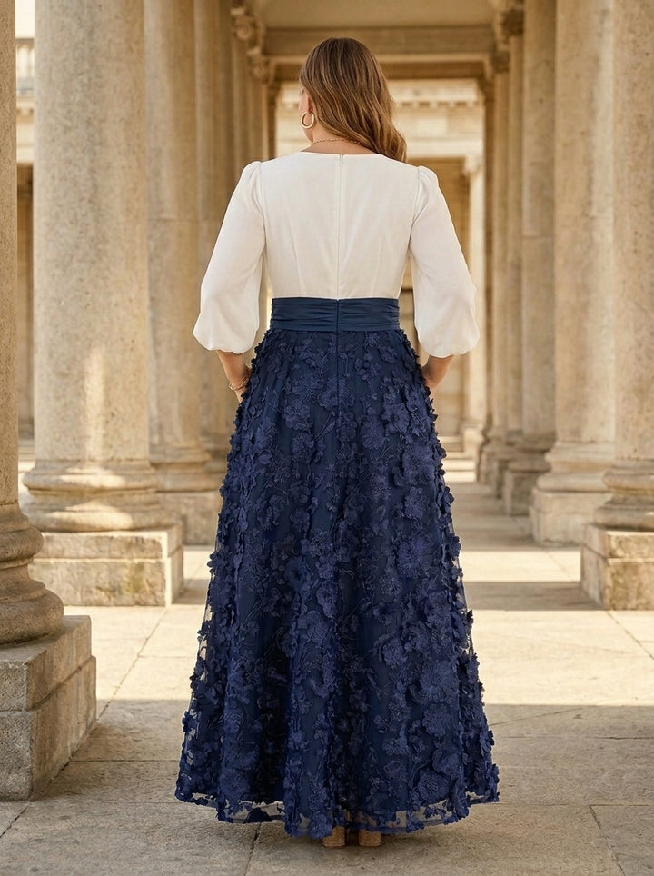 A-Line/Princess V-Neck Lace Floral Plus Size Mother of the Bride Dresses 3/4 Sleeves Ankle-Length