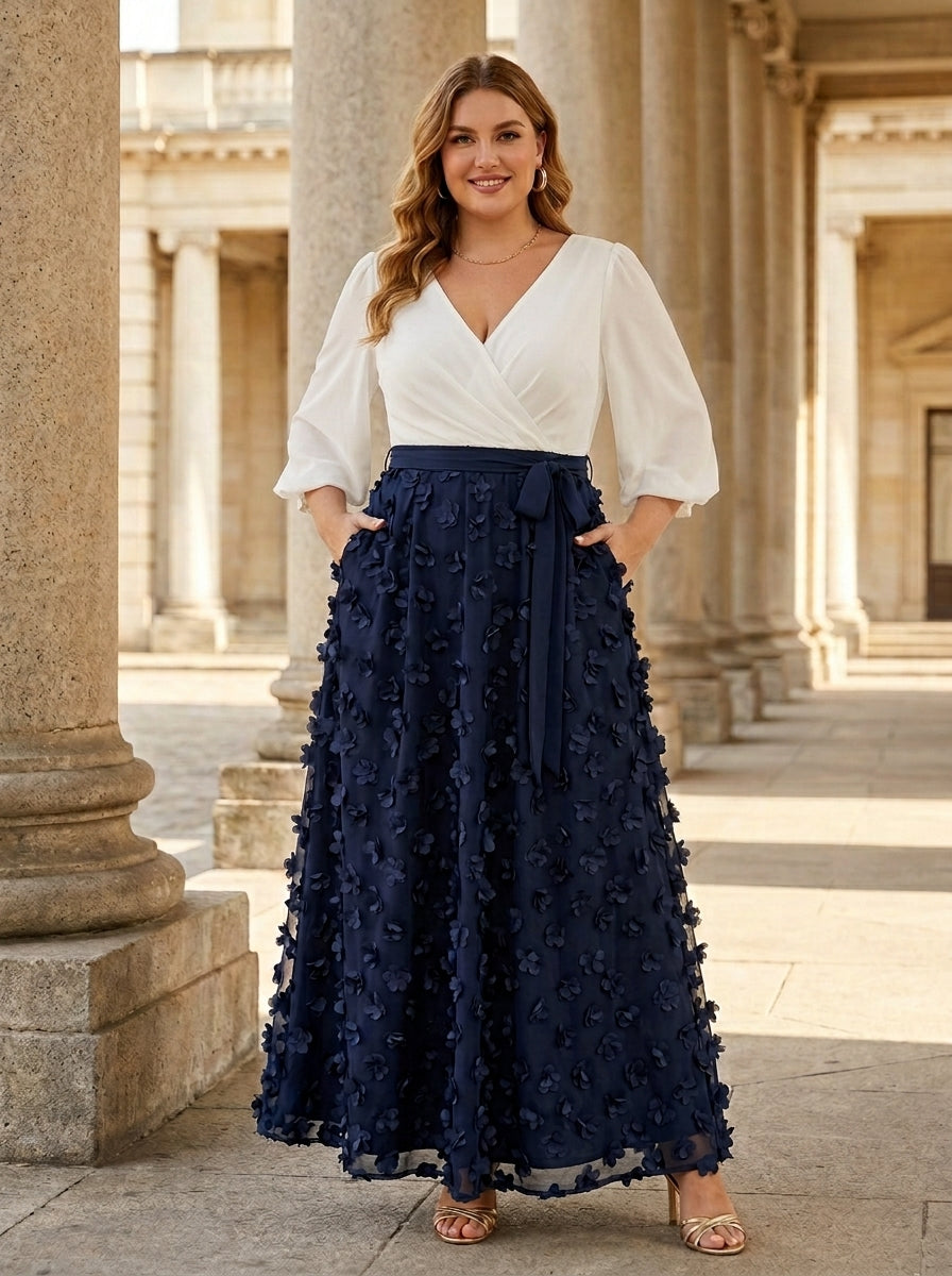 A-Line/Princess V-Neck Lace Floral Plus Size Mother of the Bride Dresses 3/4 Sleeves Ankle-Length