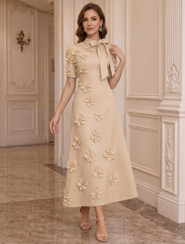 A-Line/Princess Mock Neck Stretch Satin Mother of the Bride Dresses with 3D Flowers Short Sleeves Tea-Length Bowknot