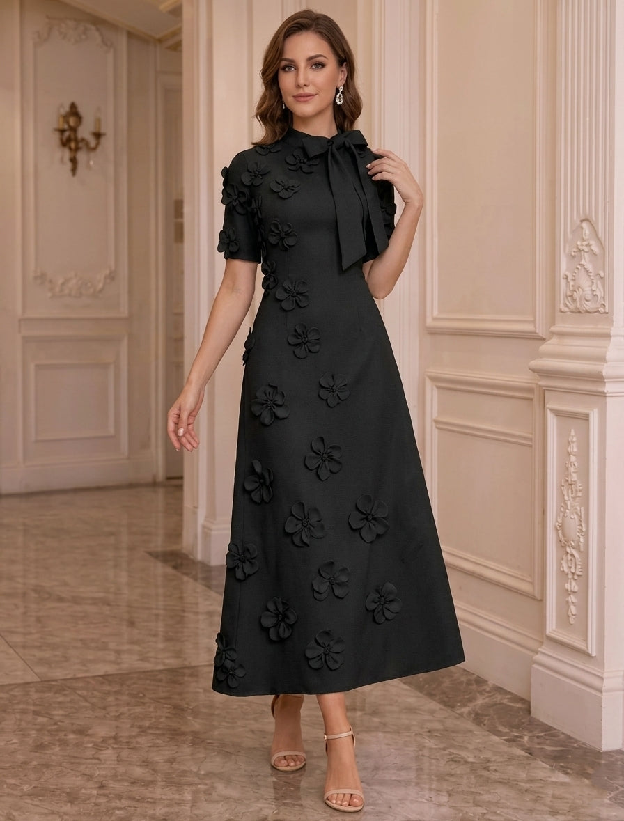 A-Line/Princess Mock Neck Stretch Satin Mother of the Bride Dresses with 3D Flowers Short Sleeves Tea-Length Bowknot