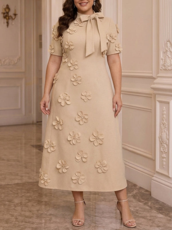 A-Line/Princess Mock Neck Stretch Satin Plus Size Mother of the Bride Dresses with 3D Flowers Short Sleeves Tea-Length Bowknot