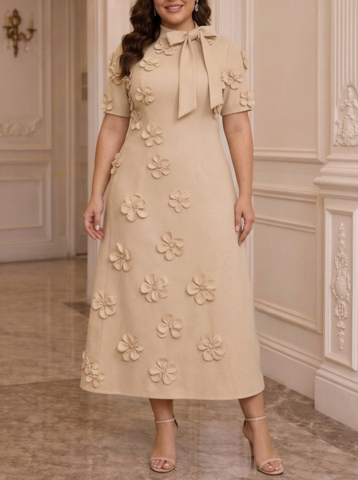 A-Line/Princess Mock Neck Stretch Satin Plus Size Mother of the Bride Dresses with 3D Flowers Short Sleeves Tea-Length Bowknot
