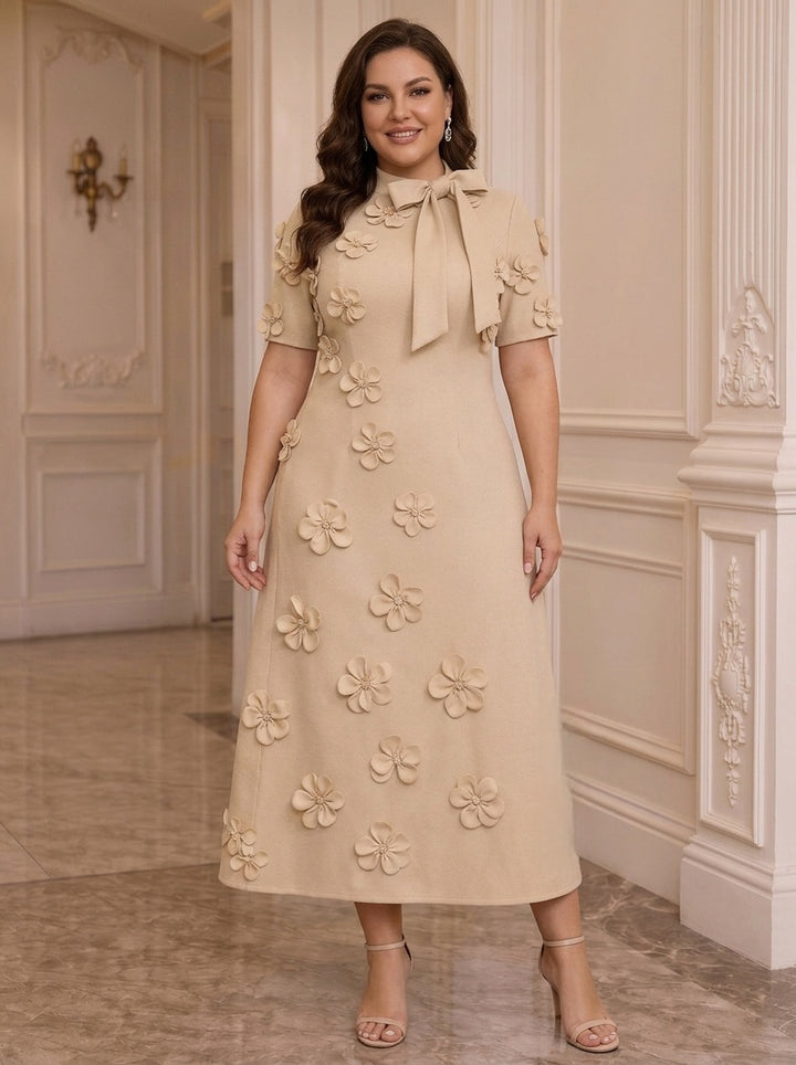 A-Line/Princess Mock Neck Stretch Satin Plus Size Mother of the Bride Dresses with 3D Flowers Short Sleeves Tea-Length Bowknot