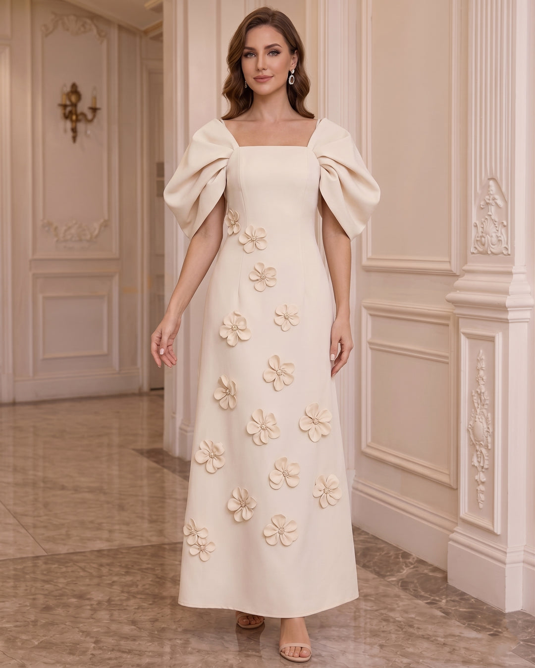 A-Line/Princess Square Collar Stretch Satin Mother of the Bride Dresses with 3D Flowers Puff Sleeves Ankle-Length