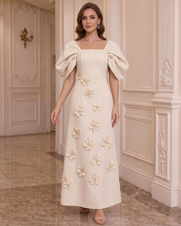 A-Line/Princess Square Collar Stretch Satin Mother of the Bride Dresses with 3D Flowers Puff Sleeves Ankle-Length