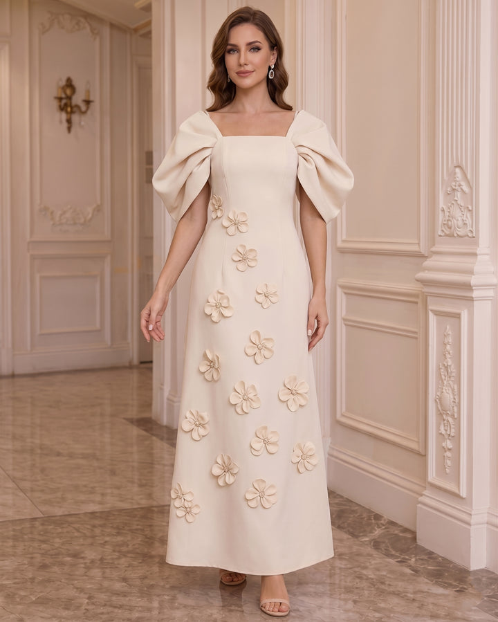 A-Line/Princess Square Collar Stretch Satin Mother of the Bride Dresses with 3D Flowers Puff Sleeves Ankle-Length