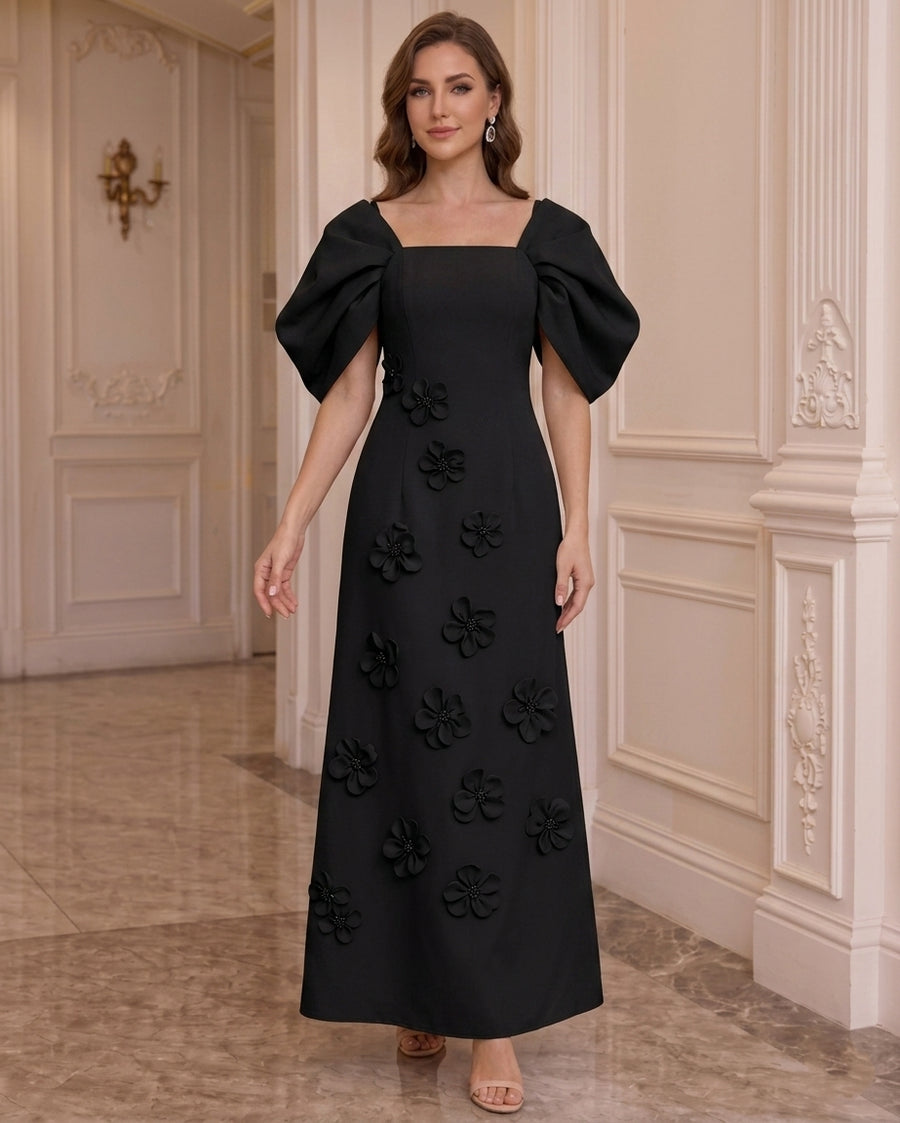 A-Line/Princess Square Collar Stretch Satin Mother of the Bride Dresses with 3D Flowers Puff Sleeves Ankle-Length