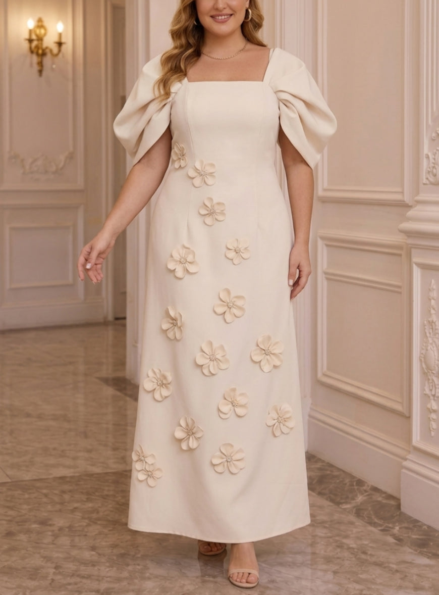 A-Line/Princess Square Collar Stretch Satin Plus Size Mother of the Bride Dresses with 3D Flowers Puff Sleeves Ankle-Length