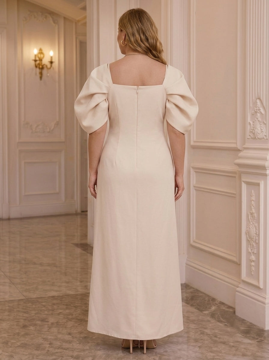 A-Line/Princess Square Collar Stretch Satin Plus Size Mother of the Bride Dresses with 3D Flowers Puff Sleeves Ankle-Length