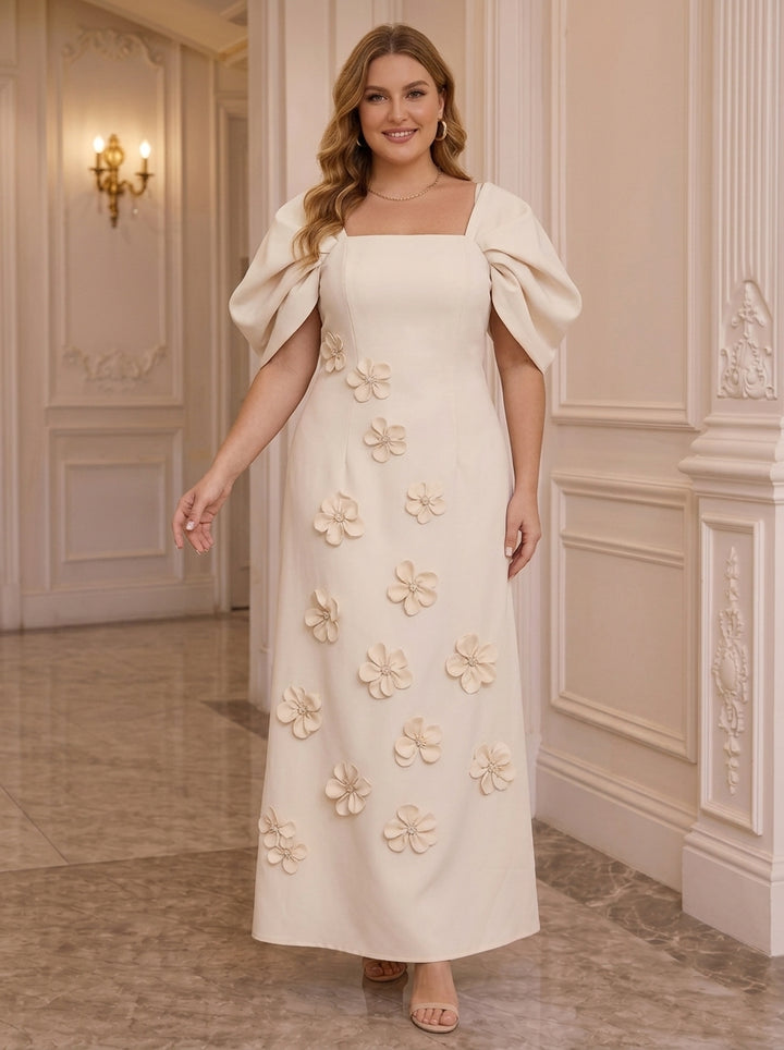 A-Line/Princess Square Collar Stretch Satin Plus Size Mother of the Bride Dresses with 3D Flowers Puff Sleeves Ankle-Length