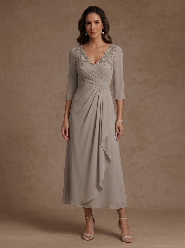 A-Line/Princess V-Neck Chiffon Mother of the Bride Dresses 3/4 Sleeves Lace Tea-Length With Pleated