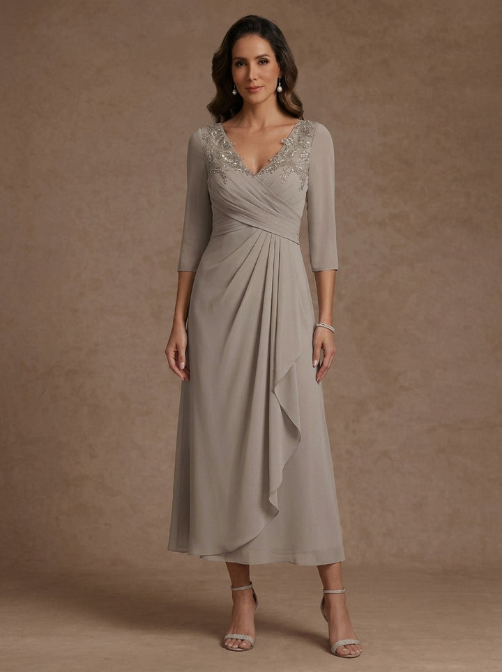 A-Line/Princess V-Neck Chiffon Mother of the Bride Dresses 3/4 Sleeves Lace Tea-Length With Pleated