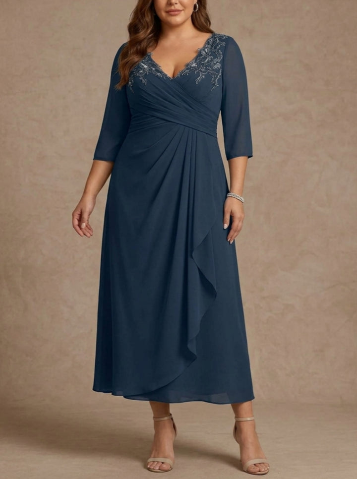A-Line/Princess V-Neck Chiffon Plus Size Mother of the Bride Dresses 3/4 Sleeves Lace Tea-Length With Pleated