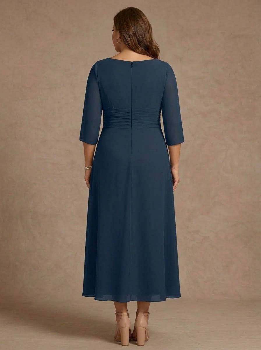 A-Line/Princess V-Neck Chiffon Plus Size Mother of the Bride Dresses 3/4 Sleeves Lace Tea-Length With Pleated