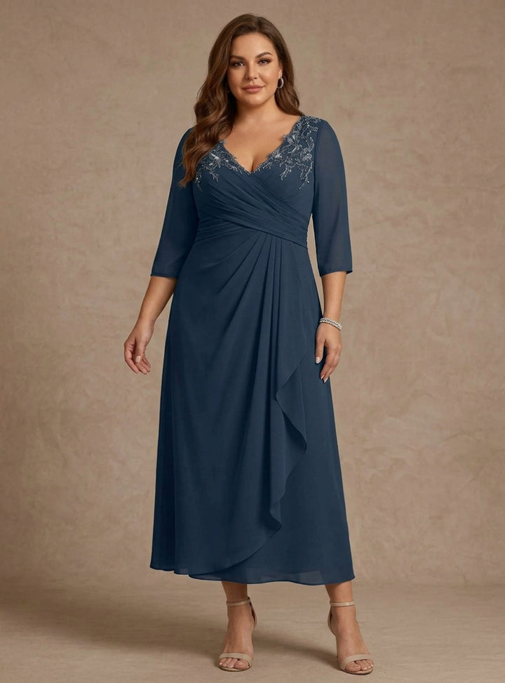 A-Line/Princess V-Neck Chiffon Plus Size Mother of the Bride Dresses 3/4 Sleeves Lace Tea-Length With Pleated
