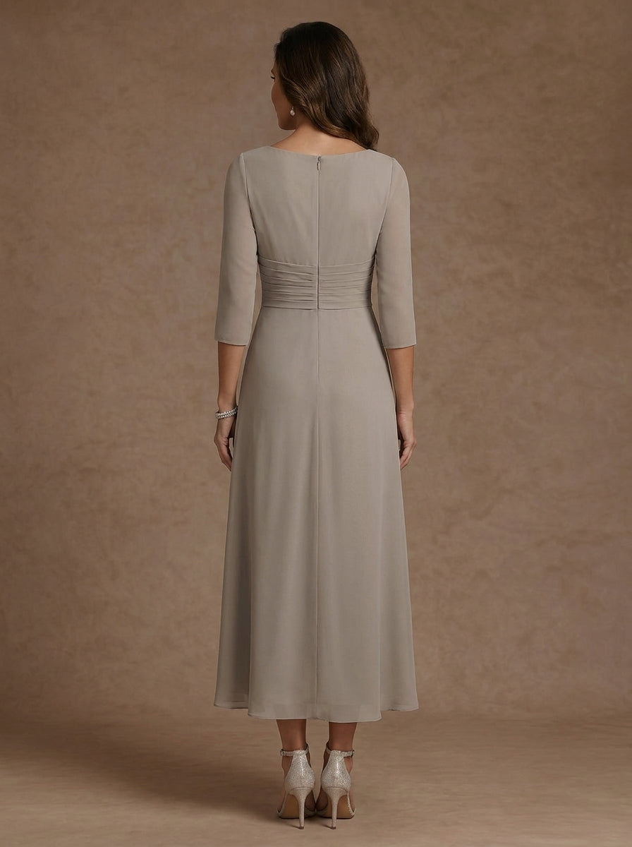 A-Line/Princess V-Neck Chiffon Mother of the Bride Dresses 3/4 Sleeves Lace Tea-Length With Pleated