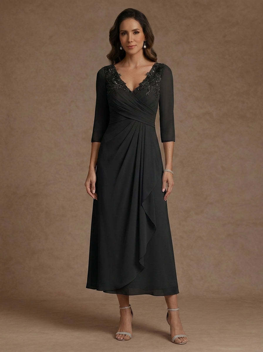 A-Line/Princess V-Neck Chiffon Mother of the Bride Dresses 3/4 Sleeves Lace Tea-Length With Pleated