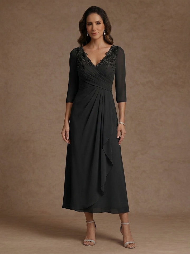 A-Line/Princess V-Neck Chiffon Mother of the Bride Dresses 3/4 Sleeves Lace Tea-Length With Pleated