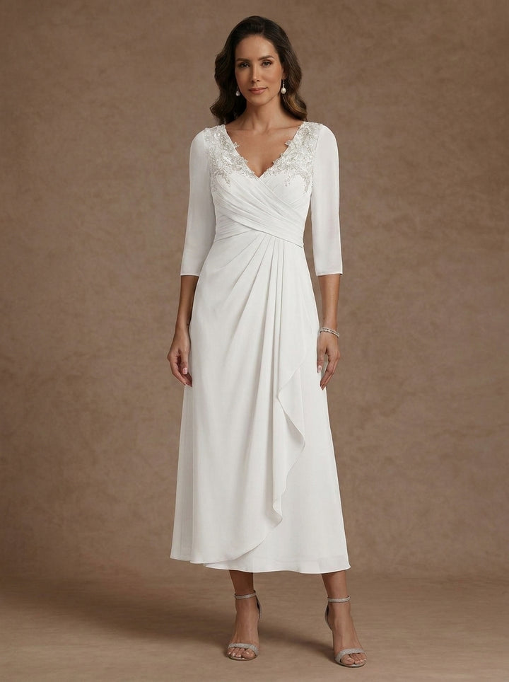 A-Line/Princess V-Neck Chiffon Mother of the Bride Dresses 3/4 Sleeves Lace Tea-Length With Pleated