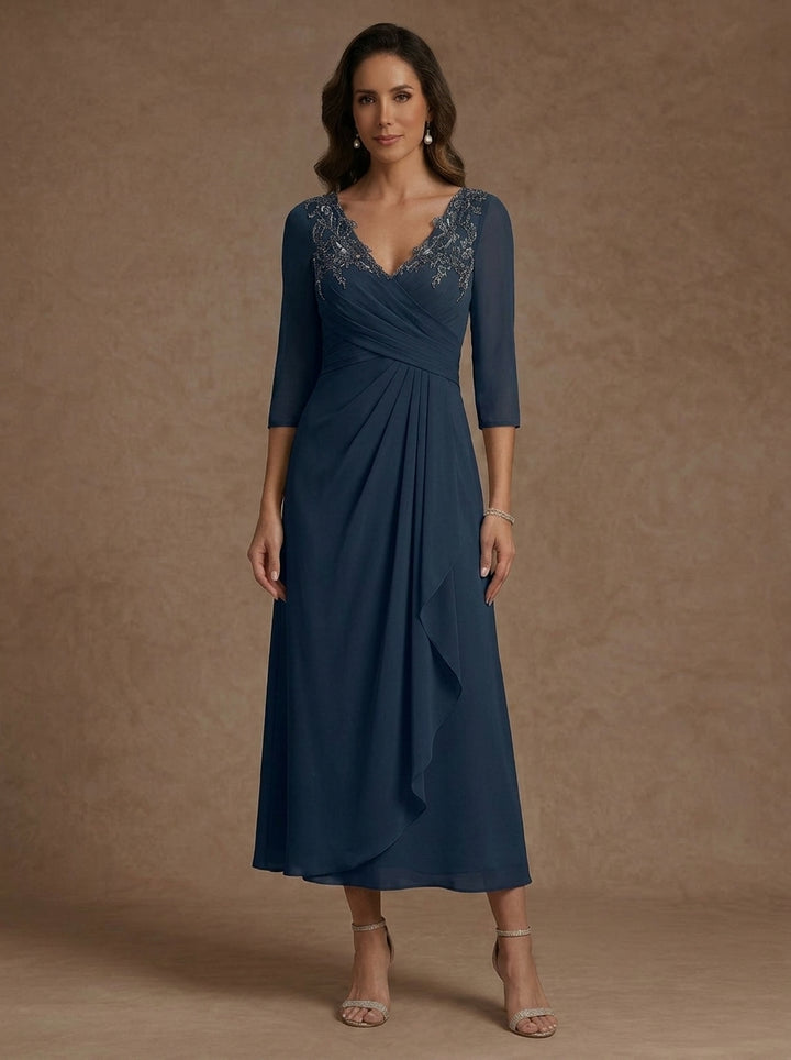 A-Line/Princess V-Neck Chiffon Mother of the Bride Dresses 3/4 Sleeves Lace Tea-Length With Pleated