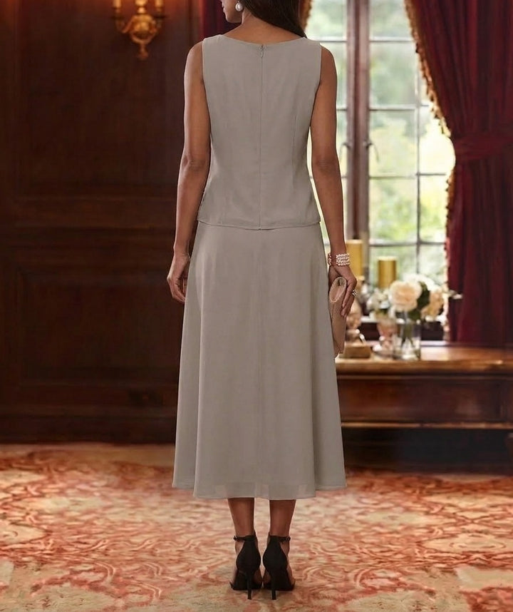 2 Pieces A-Line/Princess Scoop Chiffon Mother of the Bride Dresses with Jacket 3/4 Sleeves Tea-Length Lace