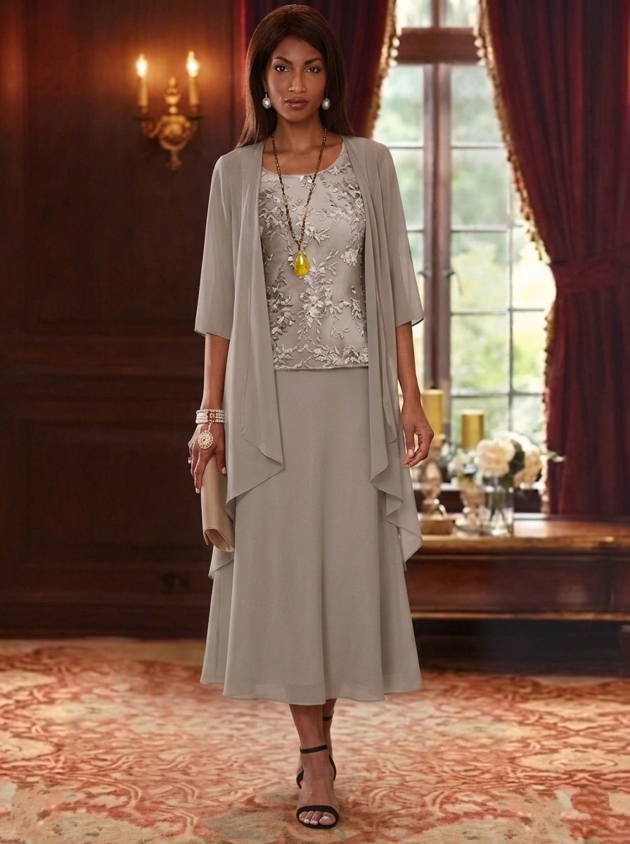 2 Pieces A-Line/Princess Scoop Chiffon Mother of the Bride Dresses with Jacket 3/4 Sleeves Tea-Length Lace