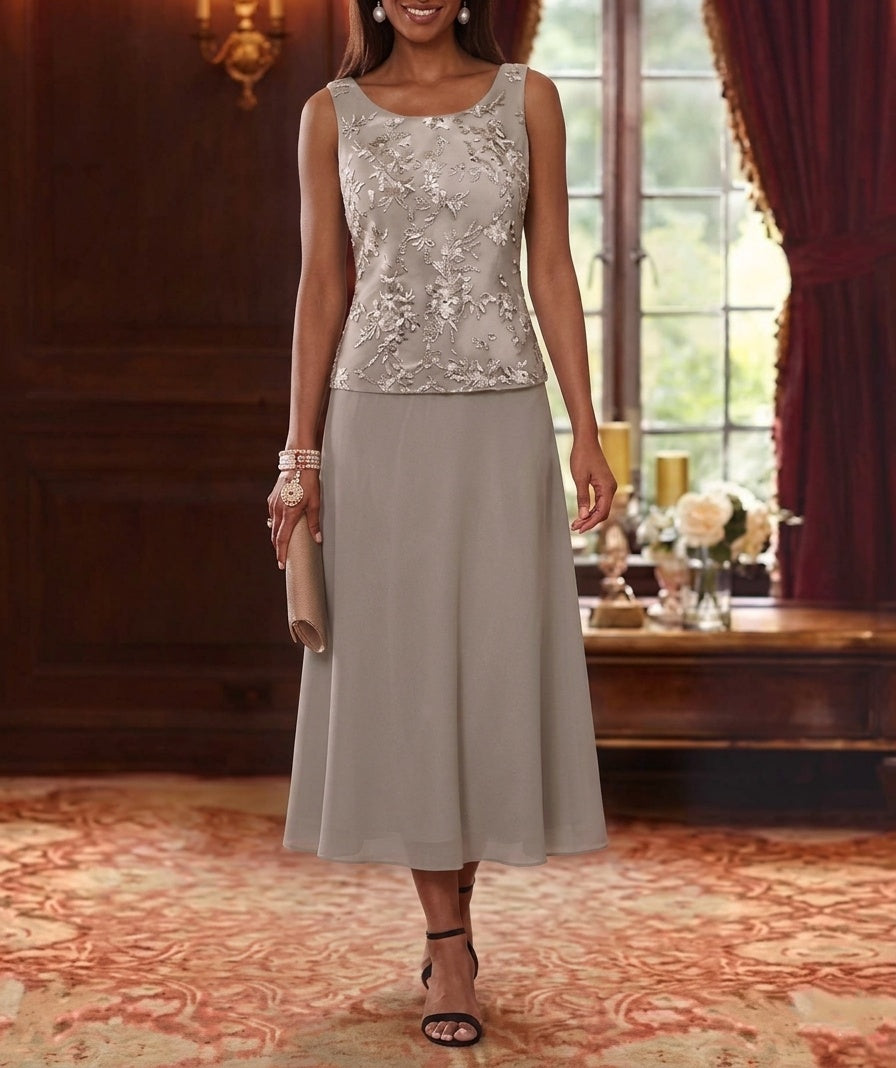 2 Pieces A-Line/Princess Scoop Chiffon Mother of the Bride Dresses with Jacket 3/4 Sleeves Tea-Length Lace