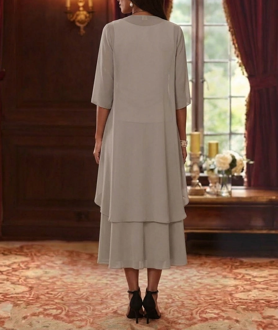 2 Pieces A-Line/Princess Scoop Chiffon Mother of the Bride Dresses with Jacket 3/4 Sleeves Tea-Length Lace
