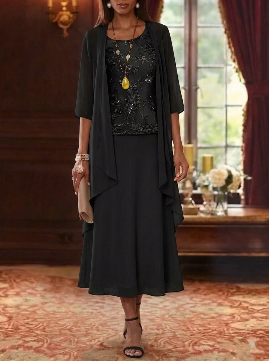 2 Pieces A-Line/Princess Scoop Chiffon Mother of the Bride Dresses with Jacket 3/4 Sleeves Tea-Length Lace