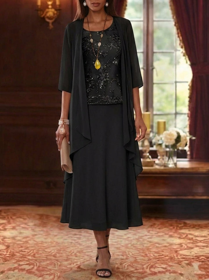 2 Pieces A-Line/Princess Scoop Chiffon Mother of the Bride Dresses with Jacket 3/4 Sleeves Tea-Length Lace