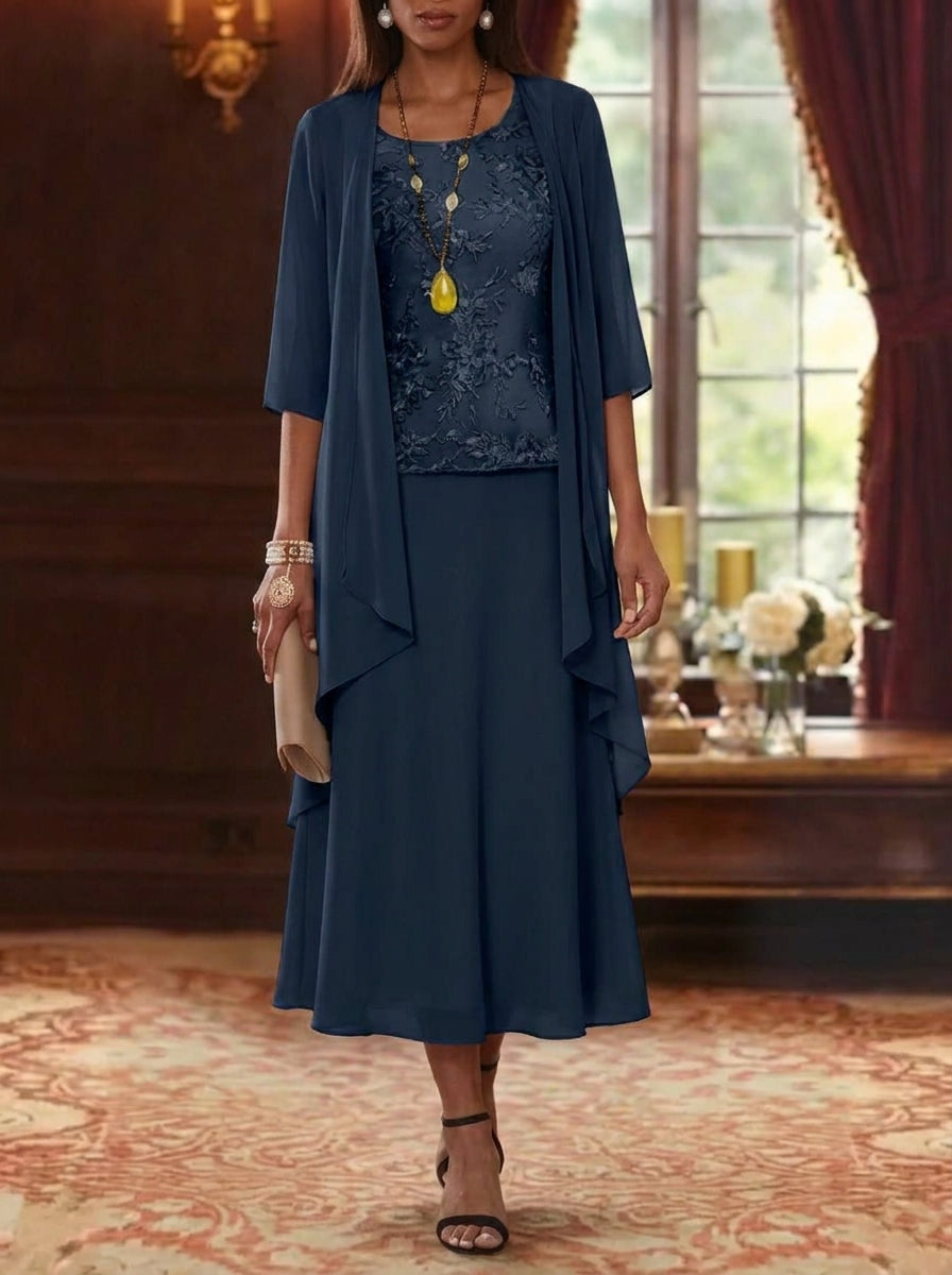 2 Pieces A-Line/Princess Scoop Chiffon Mother of the Bride Dresses with Jacket 3/4 Sleeves Tea-Length Lace