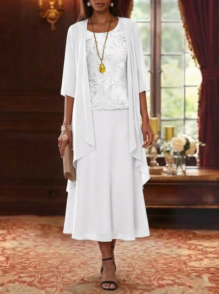 2 Pieces A-Line/Princess Scoop Chiffon Mother of the Bride Dresses with Jacket 3/4 Sleeves Tea-Length Lace