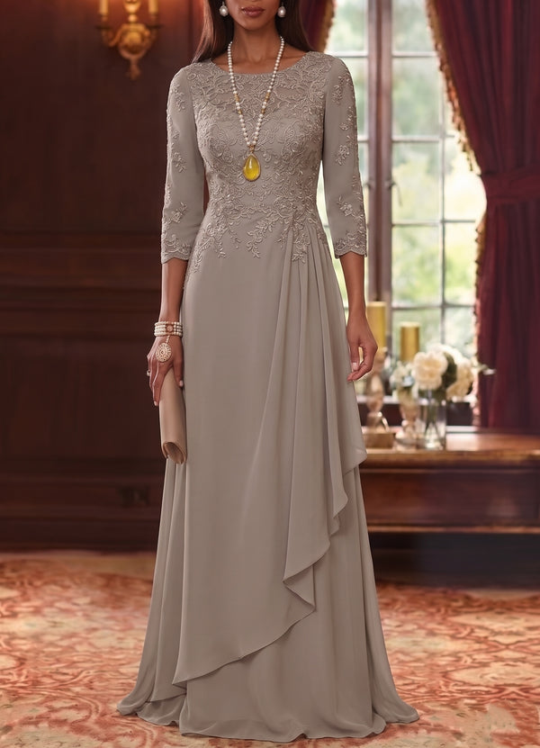 A-Line/Princess Scoop Chiffon Mother of the Bride Dresses 3/4 Sleeves Lace Floor-Length With Pleated