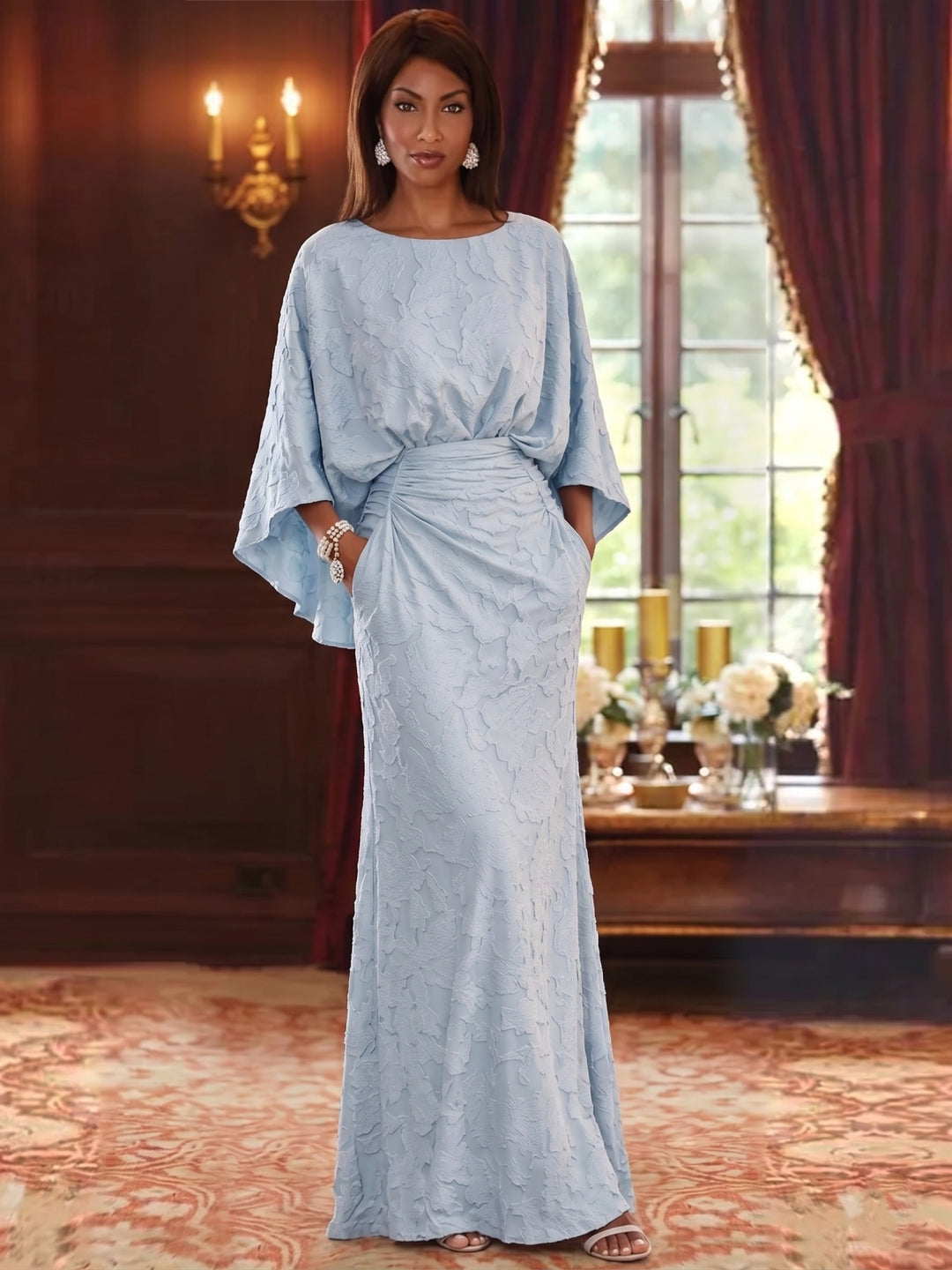Sheath/Column Scoop Chiffon Floral Mother of the Bride Dresses Floor-Length 3/4 Sleeves Ruched