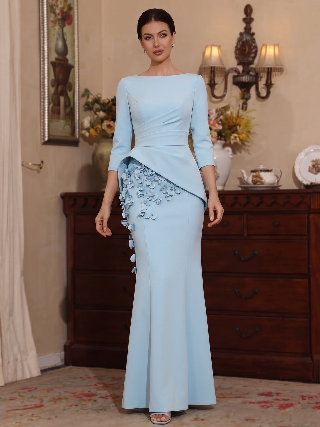 Trumpet/Mermaid Boat Neck Stretch Satin Mother of the Bride Dresses with 3D Flowers 3/4 Sleeves Floor-Length, Sky Blue