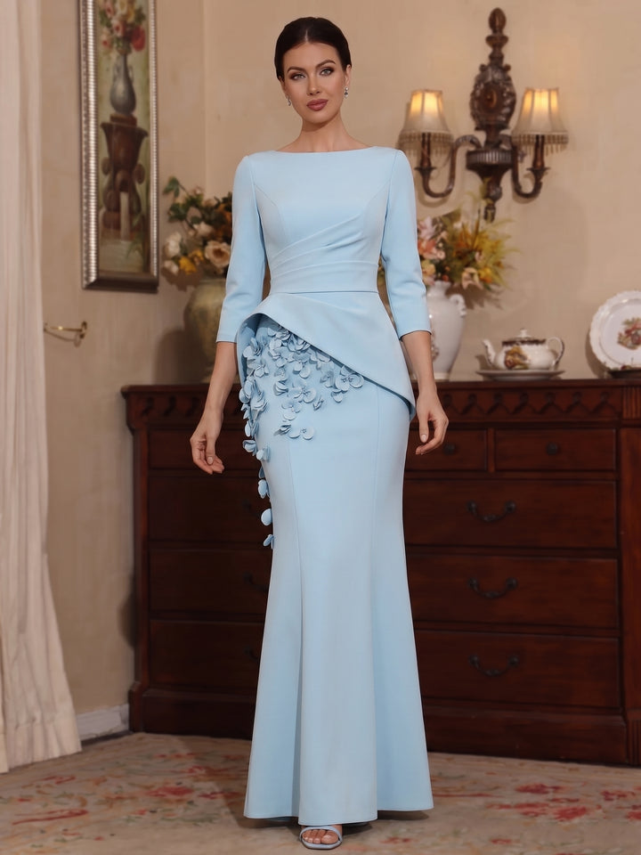 Trumpet/Mermaid Boat Neck Stretch Satin Mother of the Bride Dresses with 3D Flowers 3/4 Sleeves Floor-Length