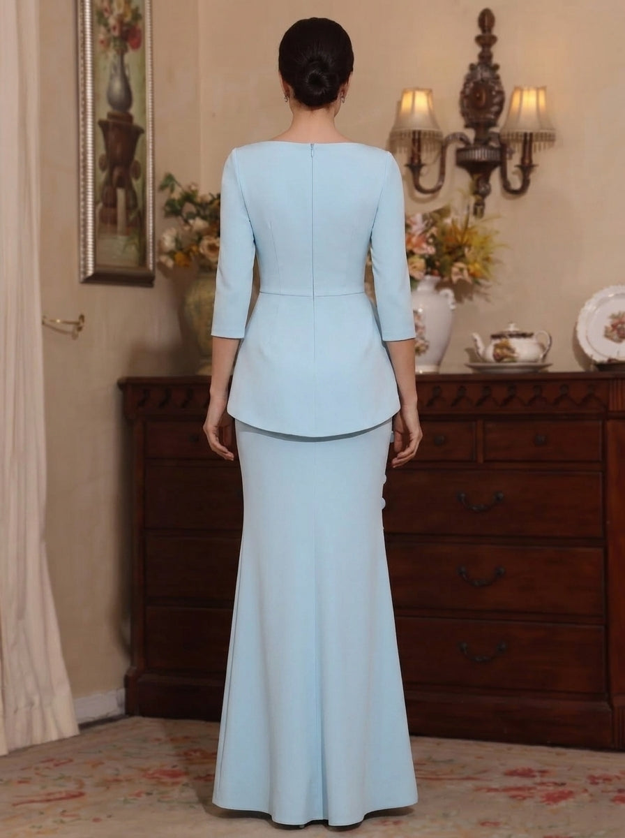 Trumpet/Mermaid Boat Neck Stretch Satin Mother of the Bride Dresses with 3D Flowers 3/4 Sleeves Floor-Length