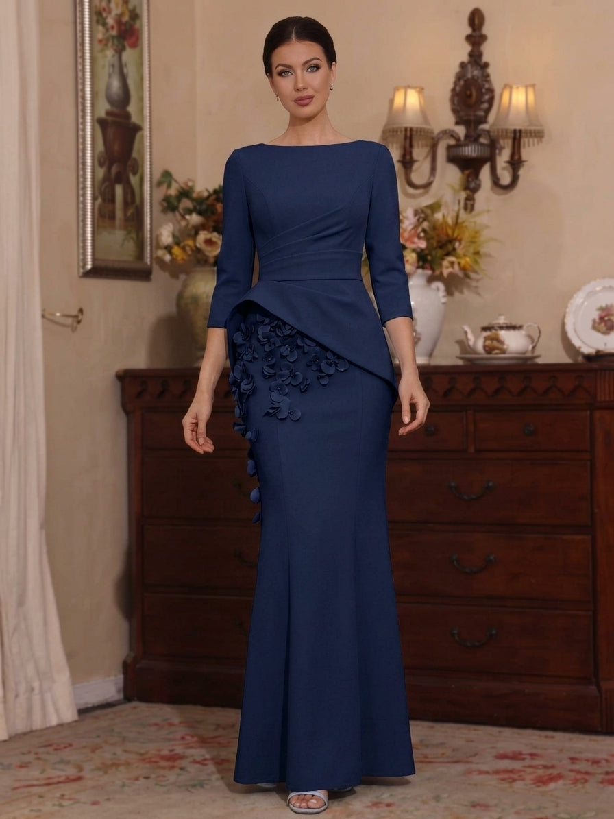 Trumpet/Mermaid Boat Neck Stretch Satin Mother of the Bride Dresses with 3D Flowers 3/4 Sleeves Floor-Length