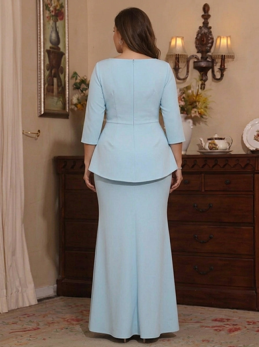 Trumpet/Mermaid Boat Neck Stretch Satin Plus Size Mother of the Bride Dresses with 3D Flowers 3/4 Sleeves Floor-Length