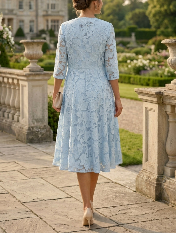 light blue floral mother of the bride dress Leely Women Light Blue Floral A Line Midi Mother of the Bride Dress Half Sleeves V Neck Wedding Guest Dress
