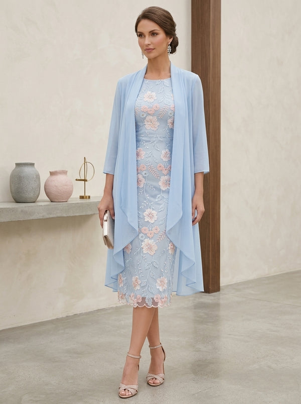 Sheath/Column Scoop Embroidery Mother of the Bride Dresses with Jacket Chiffon Floral 3/4 Sleeves Tea-Length