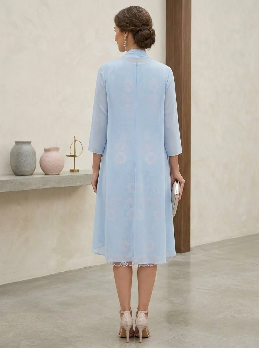 Sheath/Column Scoop Embroidery Mother of the Bride Dresses with Jacket Chiffon Floral 3/4 Sleeves Tea-Length