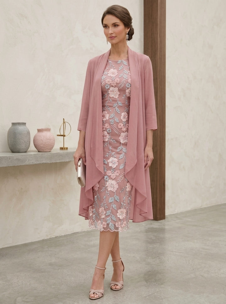 Sheath/Column Scoop Embroidery Mother of the Bride Dresses with Jacket Chiffon Floral 3/4 Sleeves Tea-Length