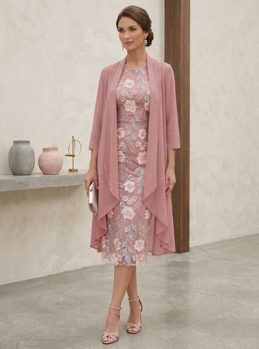 Sheath/Column Scoop Embroidery Mother of the Bride Dresses with Jacket Chiffon Floral 3/4 Sleeves Tea-Length