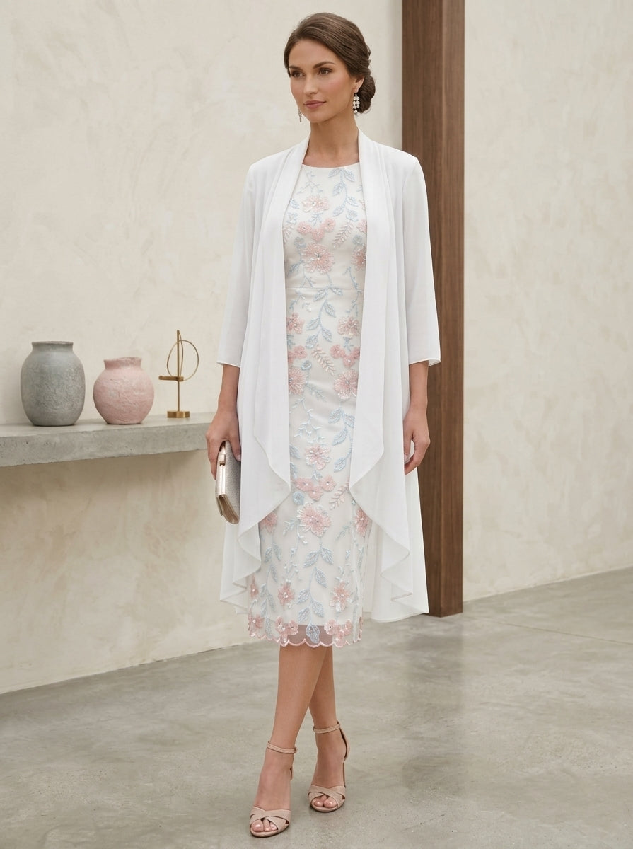 Sheath/Column Scoop Embroidery Mother of the Bride Dresses with Jacket Chiffon Floral 3/4 Sleeves Tea-Length