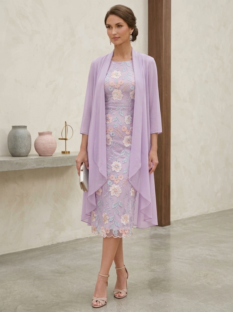 Sheath/Column Scoop Embroidery Mother of the Bride Dresses with Jacket Chiffon Floral 3/4 Sleeves Tea-Length