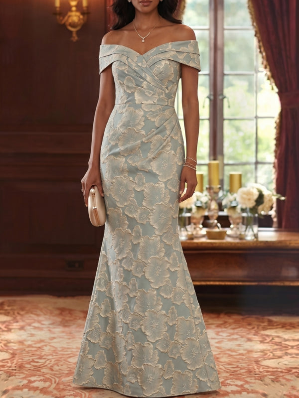 Trumpet/Mermaid Off-the-Shoulder Jacquard Mother of the Bride Dresses Sleeveless Floral Floor-Length Ruched