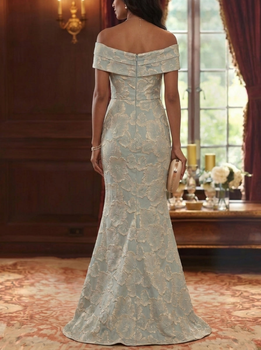 Trumpet/Mermaid Off-the-Shoulder Jacquard Mother of the Bride Dresses Sleeveless Floral Floor-Length Ruched