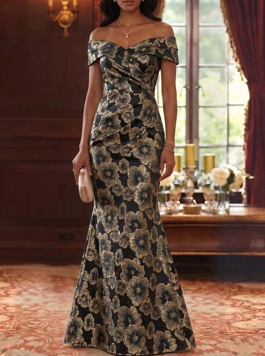 Trumpet/Mermaid Off-the-Shoulder Jacquard Mother of the Bride Dresses Sleeveless Floral Floor-Length Ruched