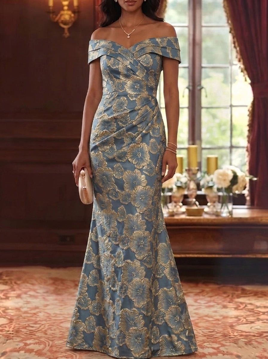 Trumpet/Mermaid Off-the-Shoulder Jacquard Mother of the Bride Dresses Sleeveless Floral Floor-Length Ruched